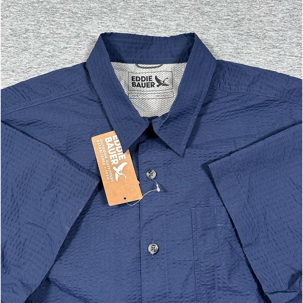 Eddie Bauer Shirt Mens Large Blue Pack It Seersucker 2.0 Outdoor Hiking NEW